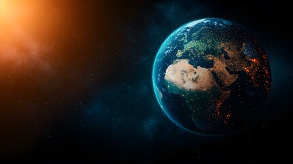 Fototapeta premium The image shows a detailed view of planet Earth from space, with city lights illuminating the continents at night, set against a backdrop of stars and a bright sun in the upper left corner.
