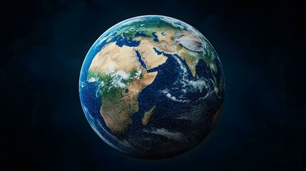 Fototapeta premium The image shows a detailed, realistic rendering of planet Earth, appearing as an egg-shaped globe against a dark blue background. The continents and oceans are clearly visible, along with cloud form