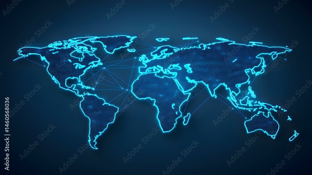Poster a glowing blue digital representation of the world map, with interconnected nodes illustrating globa
