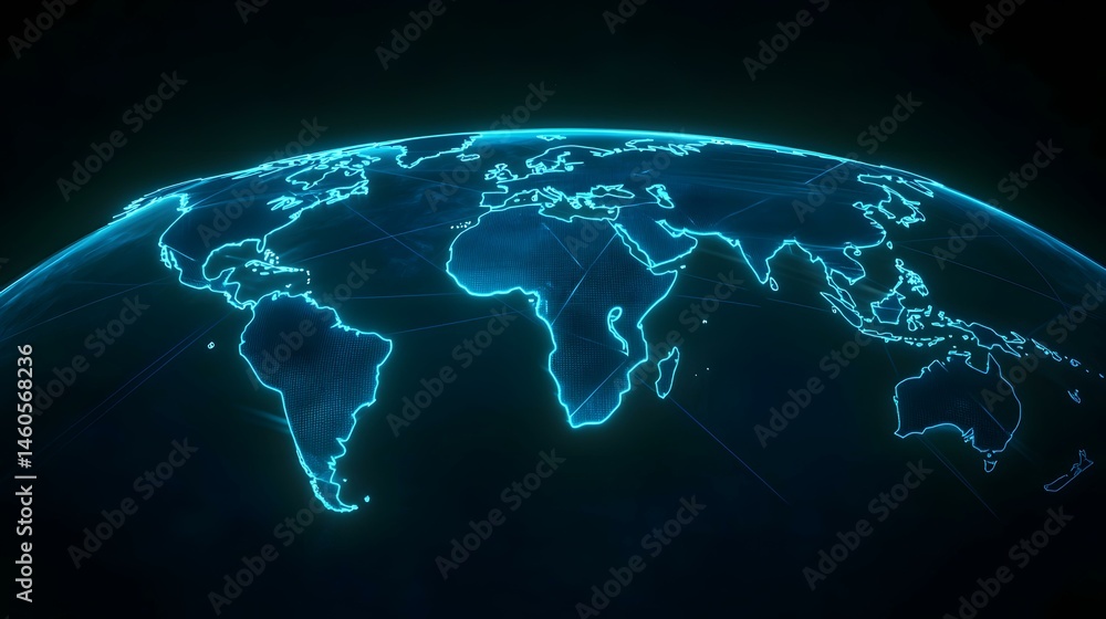 Poster a digital rendering of the earth, glowing in bright teal, with interconnected network lines highligh