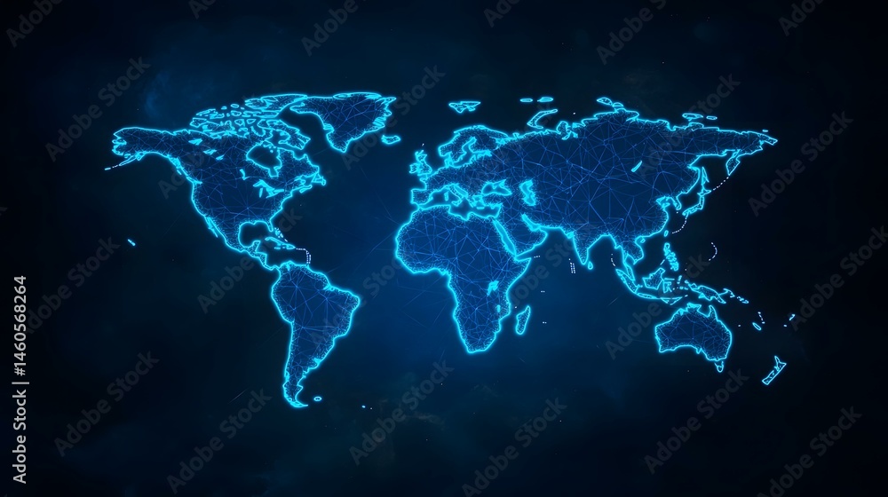 Poster the image contains a glowing blue, wireframe representation of the world map on a dark blue backgrou