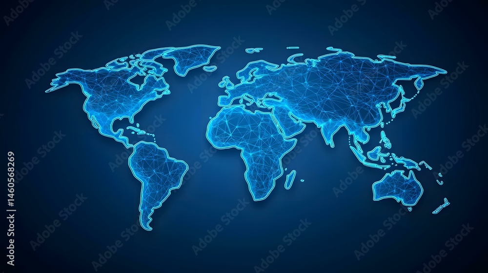 Poster the image contains a glowing blue, wireframe-style map of the world set against a dark blue backgrou
