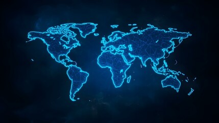 Naklejka premium The image contains a glowing blue, wireframe representation of the world map on a dark blue background.A glowing blue wireframe world map symbolizes global connectivity.