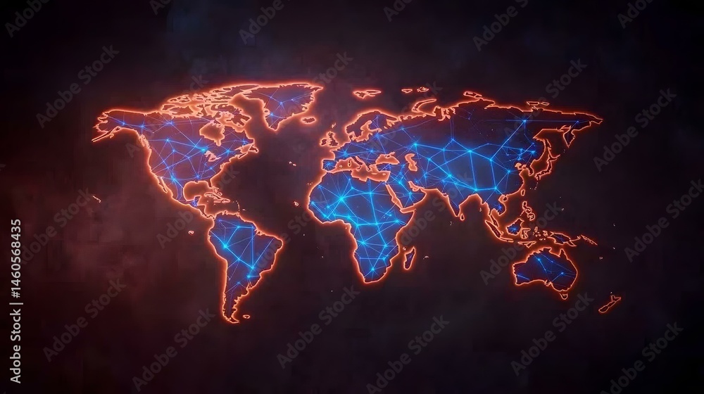 Aufkleber an orange-outlined world map on a dark background features glowing blue lines connecting various poi