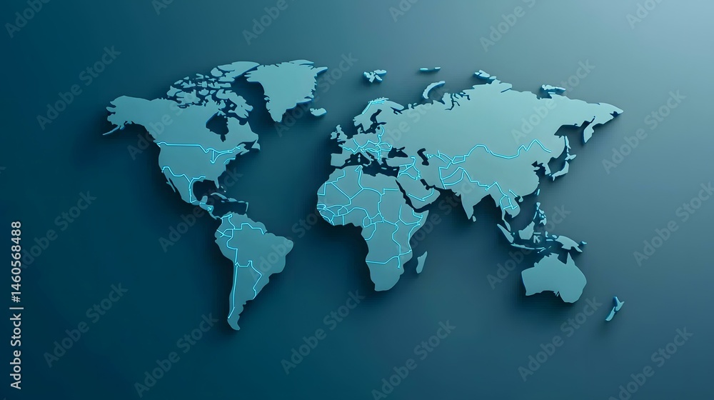 Poster the image contains a three-dimensional world map rendered in shades of teal, with country borders ou