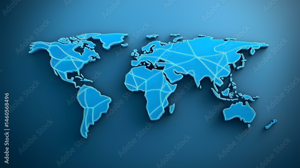 Poster the image contains a three-dimensional, neon-blue world map on a dark-blue background. the map is st