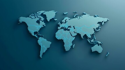 Fototapeta premium The image contains a three-dimensional world map rendered in shades of teal, with country borders outlined in a brighter cyan.A teal 3D world map with cyan-outlined country borders is shown.