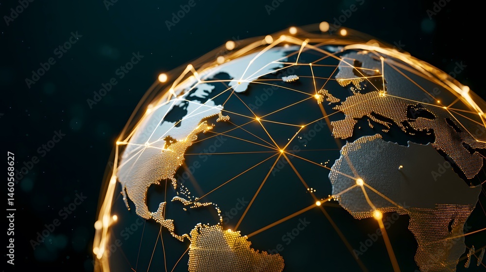 Poster a 3d rendering of a dark metallic globe illuminated with golden nodes and connecting lines, depictin