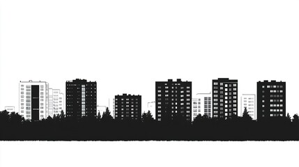 Stylized row of apartment blocks in silhouette, crisp vector lines and balanced proportions, white background.  