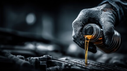 Close-up of mechanic changing oil, pouring motor oil into engine with space for banner text.
