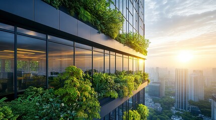 Sustainable office with rooftop garden and energy-efficient glass, low angle, early morning light, sharp focus, tranquil urban greenery.  