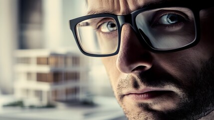 Architect's Face with Glasses: Close-up of an architect&rsquo;s face, wearing glasses, with a model building faintly visible behind. 

