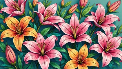 Intricate line art lilies & buds, geometric floral repeat, floral texture, lilies