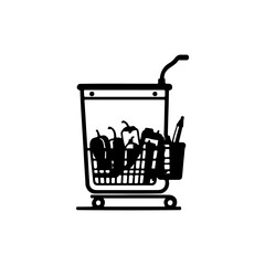 Stylized shopping cart filled with produce, minimalistic monochromatic vector design