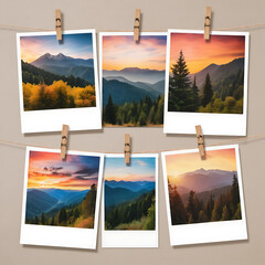Instant Photos Displaying Scenic Mountain Landscapes With Beautiful Sunsets And Sunrises Hanging On A String With Wooden Clothespins
