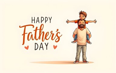 charming Happy Fathers day vector background, web banner, poster. Dad carries kid on his shoulders. One continuous line drawing with lettering Fathers day and heart. High quality