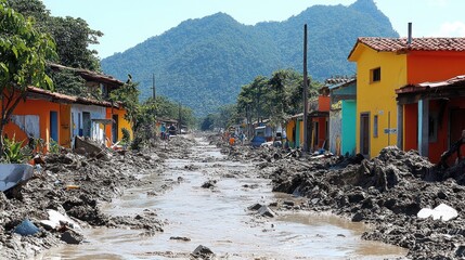Mudslide Devastation: Colorful Houses Buried in Debris