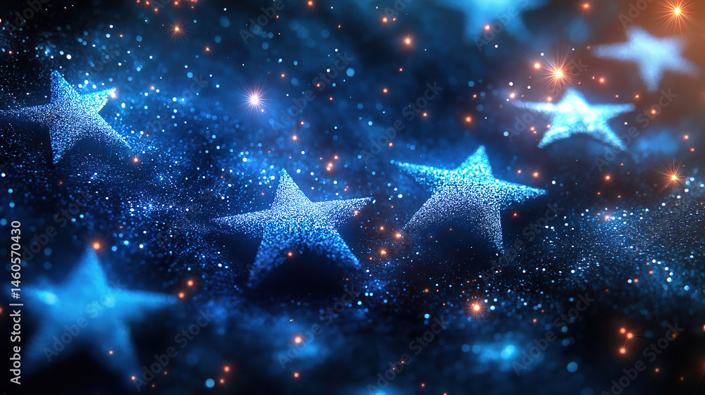 Poster dark background illuminated with sparkling blue stars creating a glowing festive atmosphere