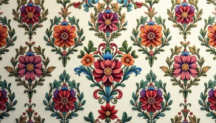 Intricate floral damask, repeating design, subtle color variations , fabric, retro, floral