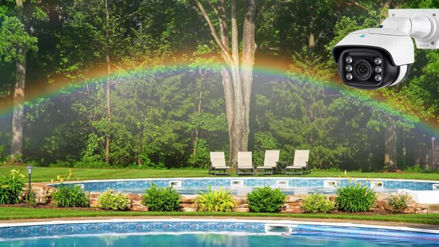 A beautiful rainbow arcs over a tranquil swimming pool surrounded by greenery. Lounge chairs sit invitingly beside the water in this peaceful outdoor setting.