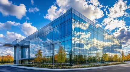 Obraz premium Towering glass office reflecting fluffy clouds in vivid blue skies, dramatic low-angle shot, crisp natural lighting, emphasizing elegance. 