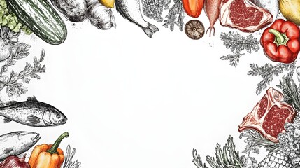 Hand-drawn illustration of various food items forming a border.