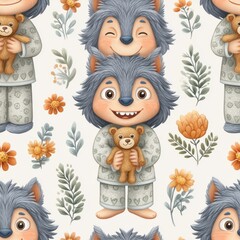 Fototapeta premium Adorable Wolf Cubs in Pajamas with Teddy Bears Seamless Pattern