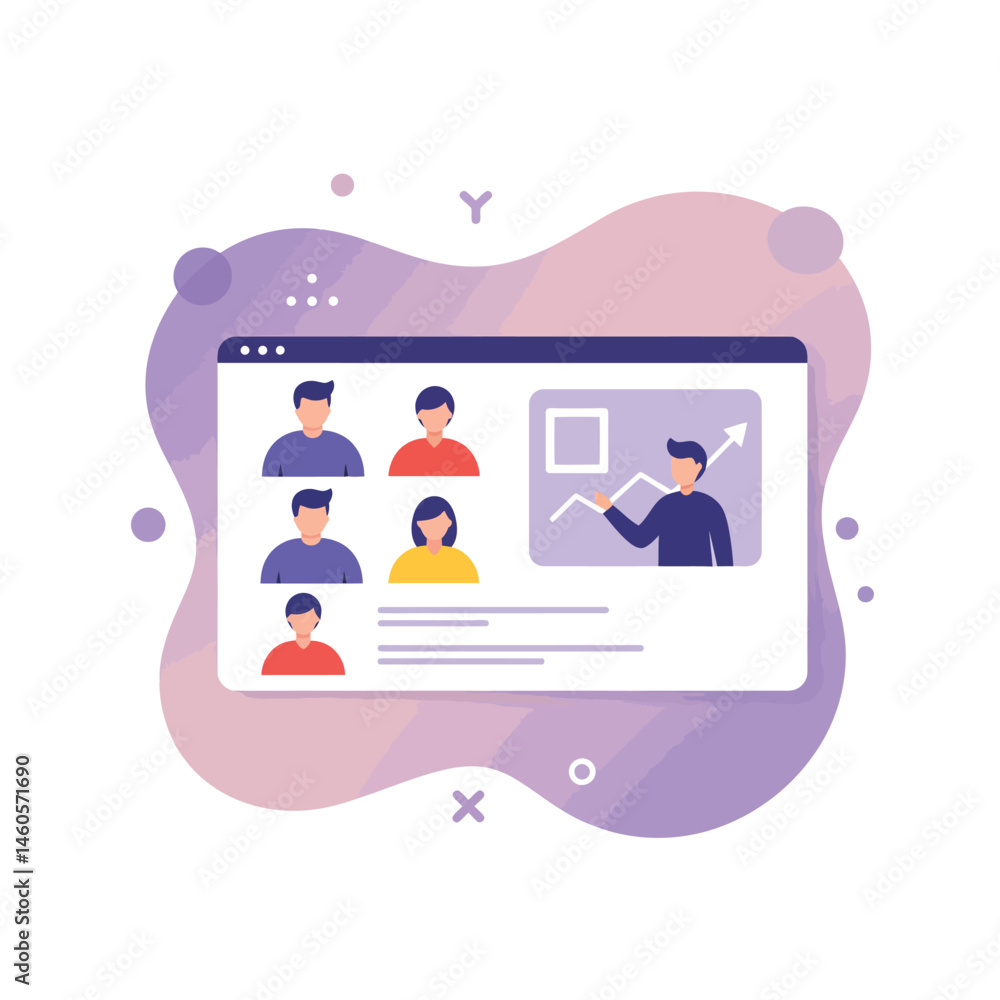 Poster online video conference with business team discussing graph and data analysis in purple and pink bac
