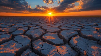 Sunset over a Dried-Up Lakebed: A Panorama of Cracking Earth and Fiery Hues