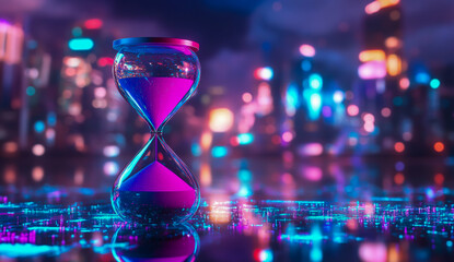 3D rendering of an hourglass filled with purple sand set against the backdrop of a lit night city skyline — digital art, future, concept of time, city lights.