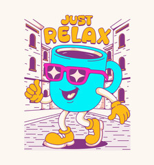 Funny cartoon character of a cup coffee. Can be used as Sticker, posters, prints. Retro cartoon style. Vector illustration