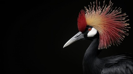 Fototapeta premium Black Crowned Crane Elegance: A majestic black crowned crane with vibrant red and gold crown feathers, stands gracefully against a dark background. Its keen eyes, piercing gaze.