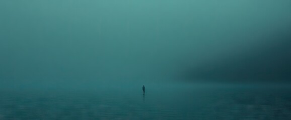 A lone figure stands on water, engulfed in teal mist, creating a surreal, minimal seascape