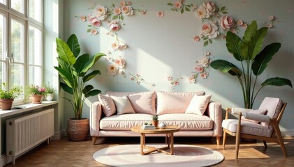 Floral botanical elements, soft pastel hues, vintage style interiors, elegant, gentle, wallpaper