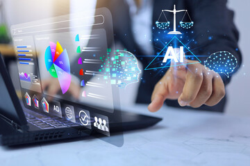 AI ethical concept with businessman working with laptop on desktop to searching marketing data by...