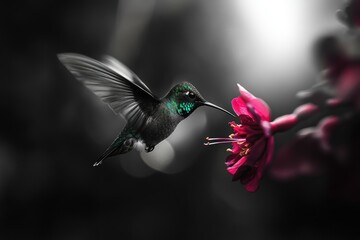Obraz premium A hummingbird, wings spread, hovers near a vibrant pink flower, a moment of nature's grace.