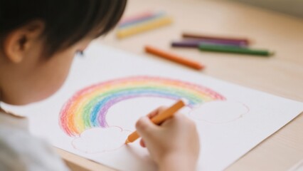 Child drawing a colorful rainbow with crayons on paper