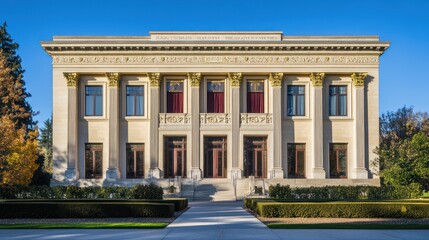 Fototapeta premium A stately building with classical design, featuring a symmetrical facade, columns, and decorative details. Gardens and landscaping surround the structure