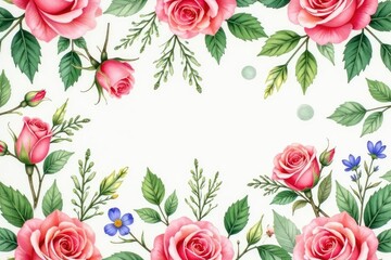 Delicate watercolor roses, lush leaves, seamless repeat , leaves, roses