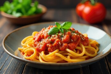 Delectable Italian pasta dish, vibrant tomato sauce , rustic, white