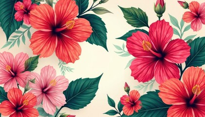 Bold, graphic hibiscus blooms in vibrant hues form a striking floral repeat , summer, hibiscus, bold