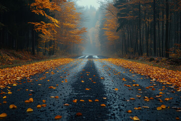 Road covered in leaves, under a foggy sky.