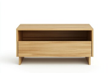Light-colored wooden TV stand with open shelf and drawer