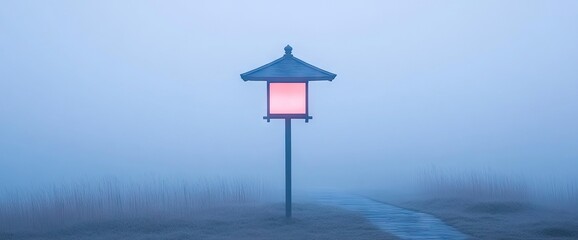 Lantern glows warmly amidst the foggy landscape near the path. Serene, peaceful atmosphere