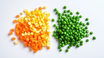 Colorful diced vegetables, carrots, corn, and peas, arranged on a white surface.