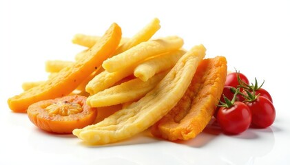 Variety of processed snacks isolated on white, high-calorie, texture