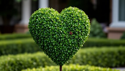 A vibrant green heart shaped bush, a symbol of love and romance, stands in a well-manicured garden, showcasing the beauty of nature's art. The lush green foliage and detailed heart shape create a roma
