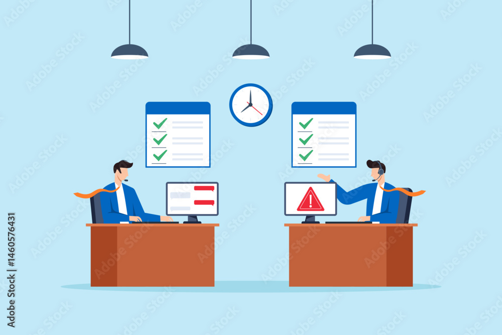 Poster flat illustration of support staff solving technical issues with headset and computer in office with