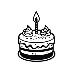Line Art Cake with Candle and Cream Topping on Transparent Background Design