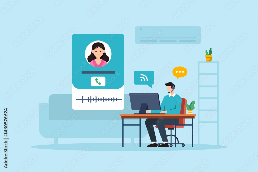 Poster flat illustration of remote call center operator answering customer with headset and computer during